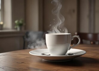Gentle steam rises from a cup on a saucer, creating a soothing atmosphere, cup and saucer, cozy scene