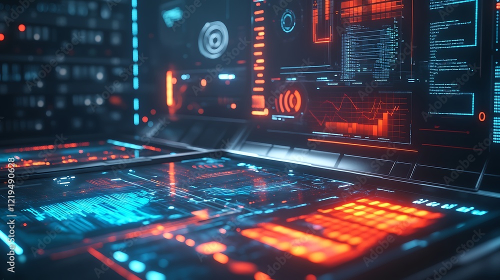 Poster a futuristic background featuring a holographic interface with floating data points and graphs, set 