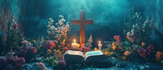 A cross and a book sit on a table adorned with vibrant flowers, symbolizing Easter's themes of faith and renewal.