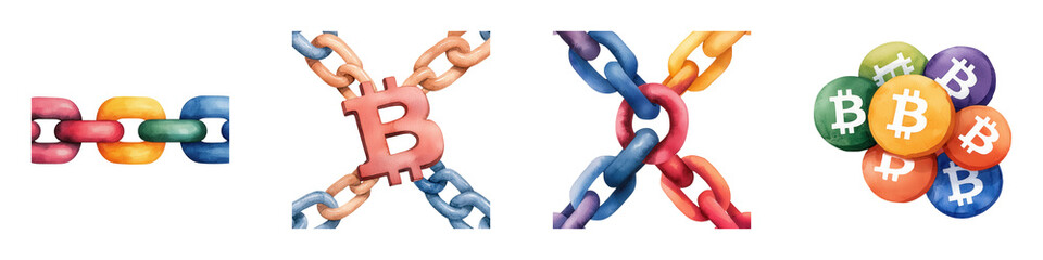 A colorful arrangement of interconnected chain links and symbols representing blockchain technology and cryptocurrency.