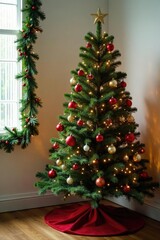 Freshly decorated fir tree in a corner with garlands and ribbons, decorations, wall art, holiday