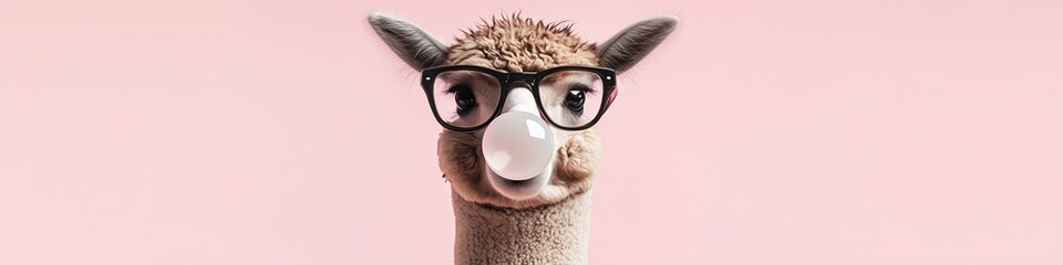 Adorable alpaca blowing a pink bubblegum against a pastel pink background. Perfect for playful, creative, and humorous designs or advertising concepts © Elena