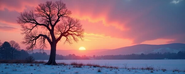 Naklejka premium Desolate tree limbs bare against a soft orange hued twilight sky, frost bite, icy calm, serene landscape