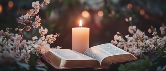 A lit candle rests on a book in a serene field, symbolizing reflection and tranquility during the Easter season.