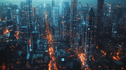 Fototapeta premium Smart digital Innovation city with connection network reciprocity over the twilight cityscape. of future smart wireless digital city and social media networking systems that connects people with city 