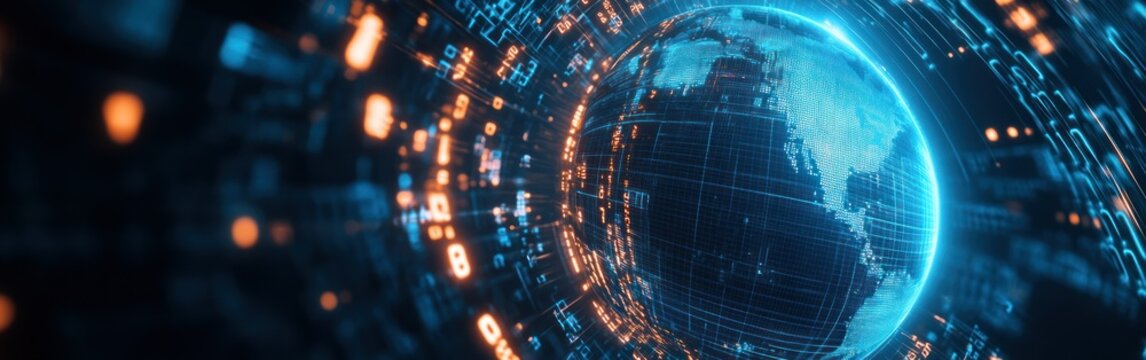 A digital representation of a globe surrounded by glowing data streams and binary code.