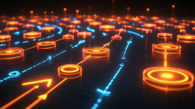 Swot analysis diagram visualized glowing interconnected circles and dynamic arrows presented in an engaging 3D format set against a sleek dark background