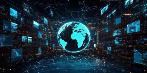 A digital representation of a globe surrounded by screens, symbolizing global connectivity.