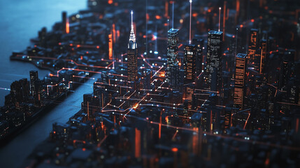 Fototapeta premium Smart digital Innovation city with connection network reciprocity over the twilight cityscape. of future smart wireless digital city and social media networking systems that connects people with city 