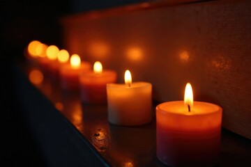 Burning candles create a sense of reverence and solemnity in a dark, dimly lit space, loss, mourning, candles