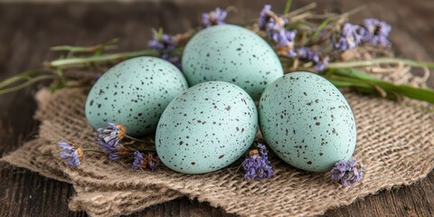 Obraz premium Three speckled eggs rest on a burlap cloth, symbolizing the joy and renewal of the Easter season.