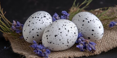 Obraz premium Three white eggs with black spots surrounded by purple flowers on a burlap cloth, capturing the essence of Easter celebration.
