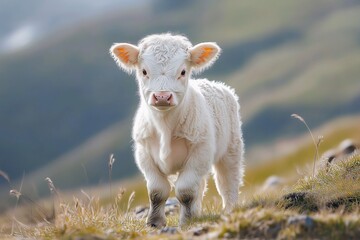Obraz premium Cute white calf standing against a picturesque mountain landscape. Ideal for themes related to nature, agriculture, farming and wildlife.
