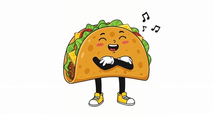 Fototapeta premium Happy singing taco cartoon with cheese, eyes closed, and musical notes