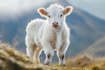 Fototapeta premium Cute white calf standing against a picturesque mountain landscape. Ideal for themes related to nature, agriculture, farming and wildlife.