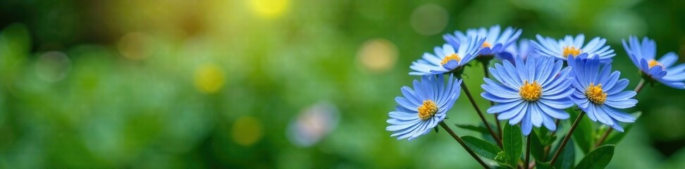 Obraz premium A bouquet of blue aster flowers against a green garden backdrop, , blue, garden