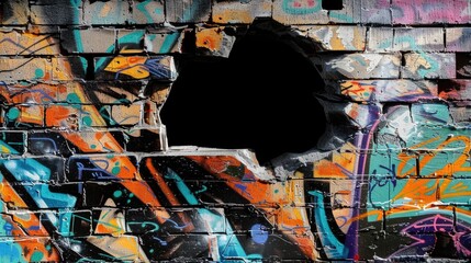 Background with hole in colorful graffiti brick wall with vibrant street art design