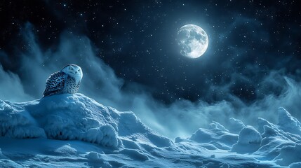 A snowy owl resting on a snowbank under the soft light of a full moon