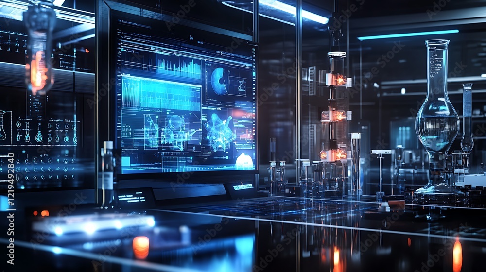Aufkleber a futuristic lab background with holographic displays showing scientific data and experiments
