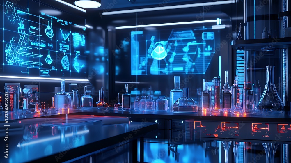 Aufkleber a futuristic lab background with holographic displays showing scientific data and experiments