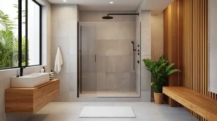 A modern bathroom featuring a glass shower, wooden accents, and a sleek vanity, illuminated by natural light through large windows.