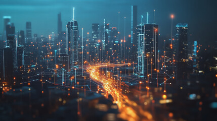 Fototapeta premium Smart digital Innovation city with connection network reciprocity over the twilight cityscape. of future smart wireless digital city and social media networking systems that connects people with city 