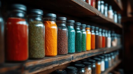 A striking composition of colorful spices presented in glass jars, arranged symmetrically on a wooden shelf, reflecting rich culinary traditions and the sensory experience of flavor.