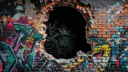 Background with hole in colorful graffiti brick wall with vibrant street art design
