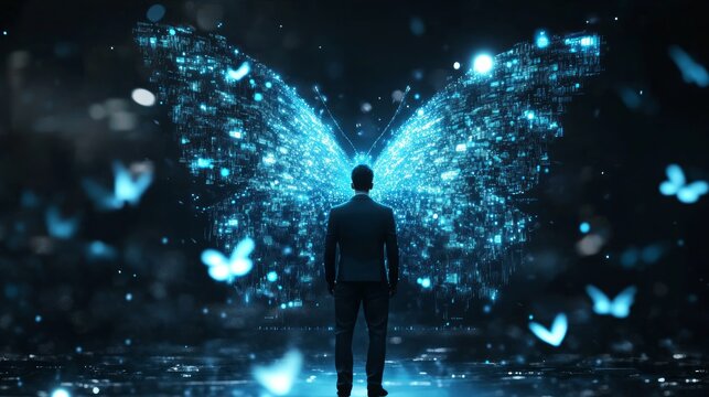 Man, digital wings, butterflies, dark background, transformation concept