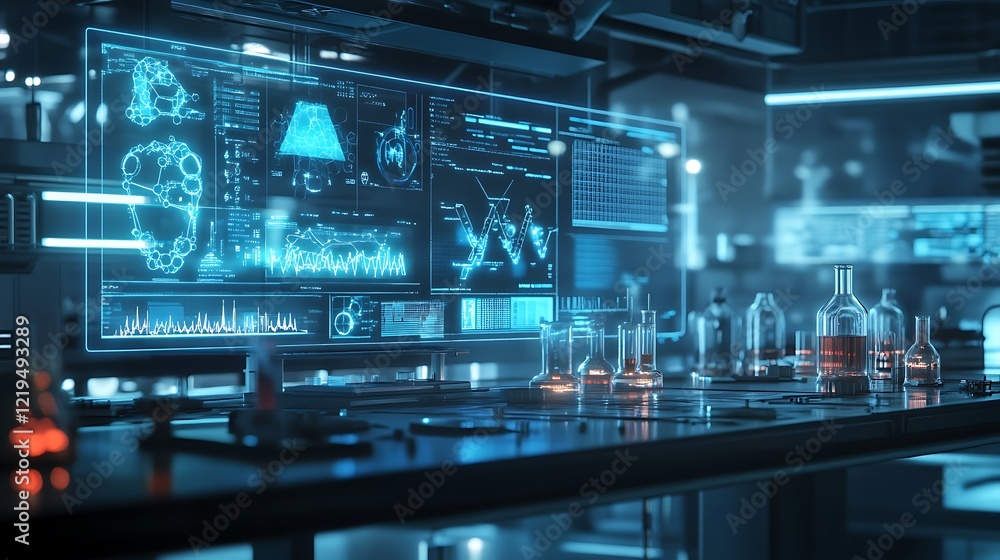 Poster a futuristic lab background with holographic displays showing scientific data and experiments