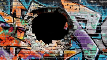 Fototapeta premium Background with hole in colorful graffiti brick wall with vibrant street art design