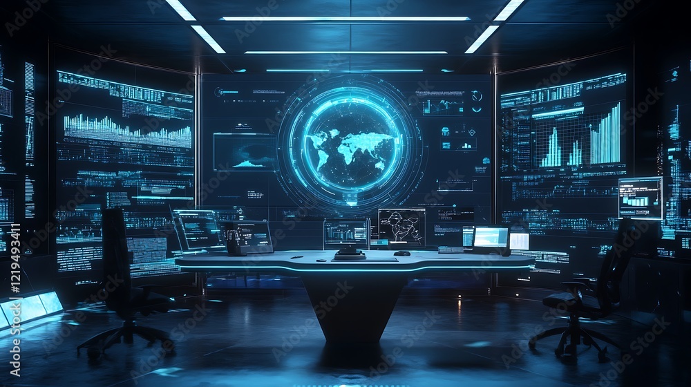 Poster a futuristic lab background with holographic displays showing scientific data and experiments