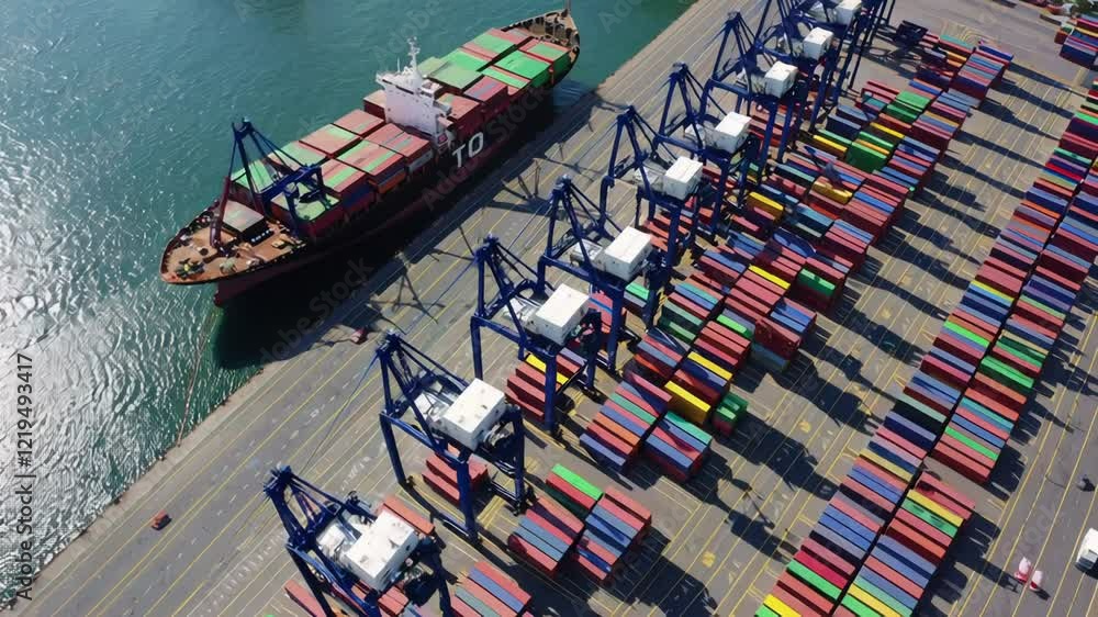 Aufkleber Container ship navigating into busy port, revealing precise unloading operations and systematically arranged colorful shipping containers representing global maritime logistics