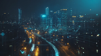 Fototapeta premium Smart digital Innovation city with connection network reciprocity over the twilight cityscape. of future smart wireless digital city and social media networking systems that connects people with city 