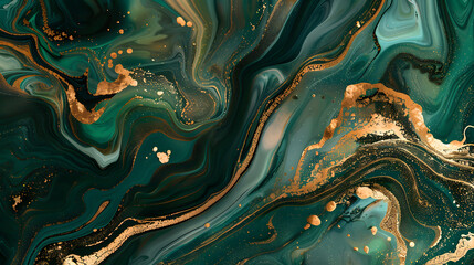 Green and gold marble background, generative ai