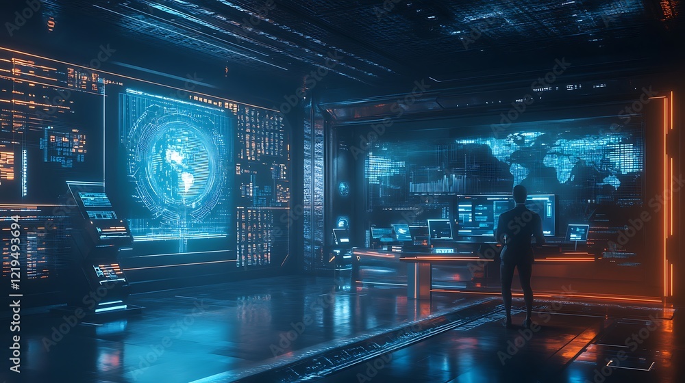 Poster a futuristic lab background with holographic displays showing scientific data and experiments