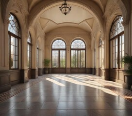 Fototapeta premium Grand entrance hall with tile floor and arched windows, historic building, elegant decor