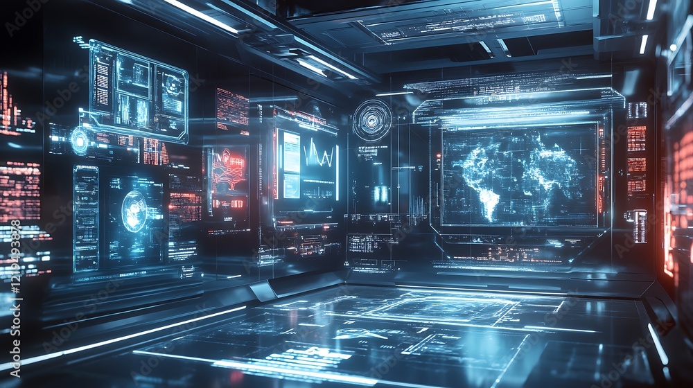Poster a futuristic lab background with holographic displays showing scientific data and experiments
