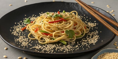 Grab noodles arranged in a circular pattern on a dark plate with a ring of sesame seeds surrounding the center, Asian ingredients, noodle dishes, grab noodles