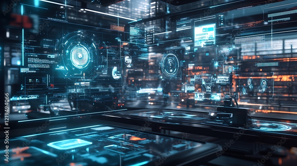 Poster a futuristic lab background with holographic displays showing scientific data and experiments