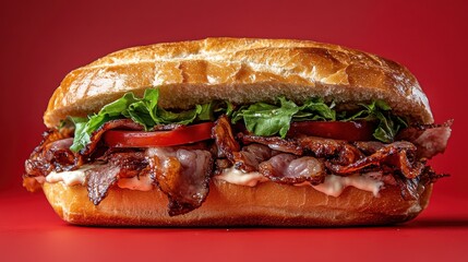 This mouth-watering bacon sandwich is filled with crisp lettuce, juicy tomatoes, and layers of savory bacon nestled in a fresh bun, perfect for any meal or snack time.