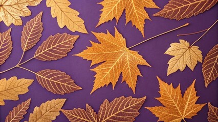 Golden orange leaf patterns on purple background, metallic sheen, botanical illustration, nature art, fall foliage, autumnal colors