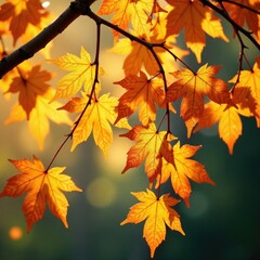 Fototapeta premium Golden hues of changing leaves on a tree branch, foliage colors, deciduous trees