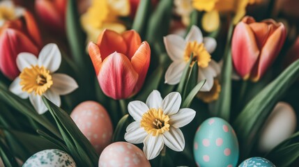 Colorful Easter eggs and vibrant flowers arranged in a decorative vase create a festive and cheerful atmosphere.