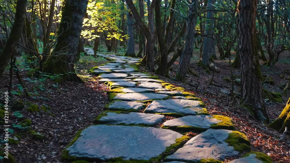 Poster stone path in lush green forest with sunlight filtering through trees, serene nature walk concept