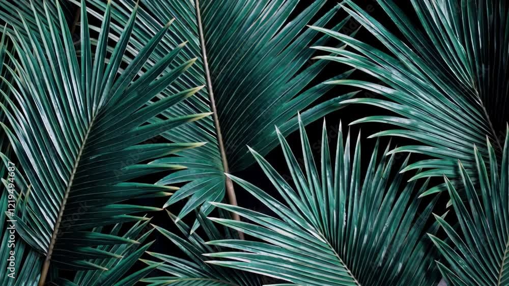 Poster deep teal palm leaves create a captivating and sophisticated tropical pattern against a dark backdro