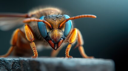 A detailed close-up highlights an insect with striking blue eyes and vibrant colors, showcasing the intricate beauty and complexity of nature's smaller creatures.