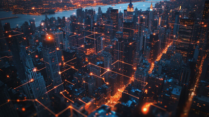Fototapeta premium Smart digital Innovation city with connection network reciprocity over the twilight cityscape. of future smart wireless digital city and social media networking systems that connects people with city 