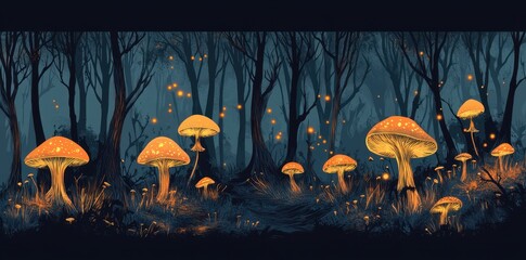 Glowing Mushrooms in a Dark Enchanting Forest