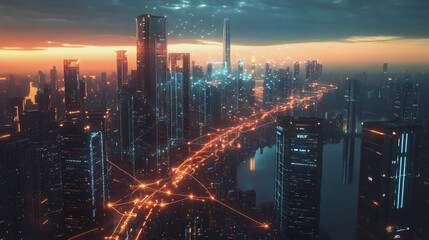Fototapeta premium Smart digital Innovation city with connection network reciprocity over the twilight cityscape. of future smart wireless digital city and social media networking systems that connects people with city 